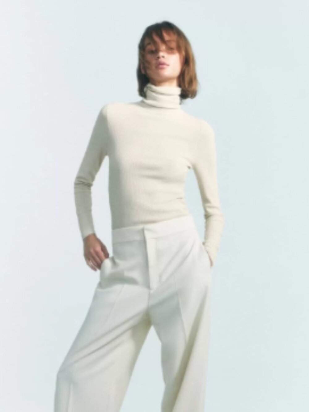 Zara Cream Ribbed Turtleneck Top Small Soft Stretch Knit Minimalist NWT